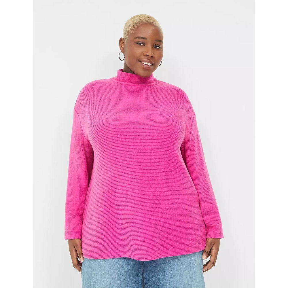 Lane Bryant Womens Plus Size 18/20 Long Sleeve Relaxed Mock-Neck Rib Top in Pink